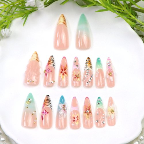 Long Press on Nails Almond Fake Nails French Tip False Nails with 3D Flower Rhinestones Leopard Designs Colorful Acrylic Nails for Women 24Pcs