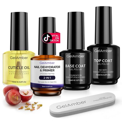 GELAMBER 4Pcs 15ml Nail Dehydrator and Primer 2-in-One with Gel Base and Top Coat Set, Cuticle Oil and Nail File, Acid-Free No Wipe Essentials for Shiny & Long-Lasting Natural Manicure