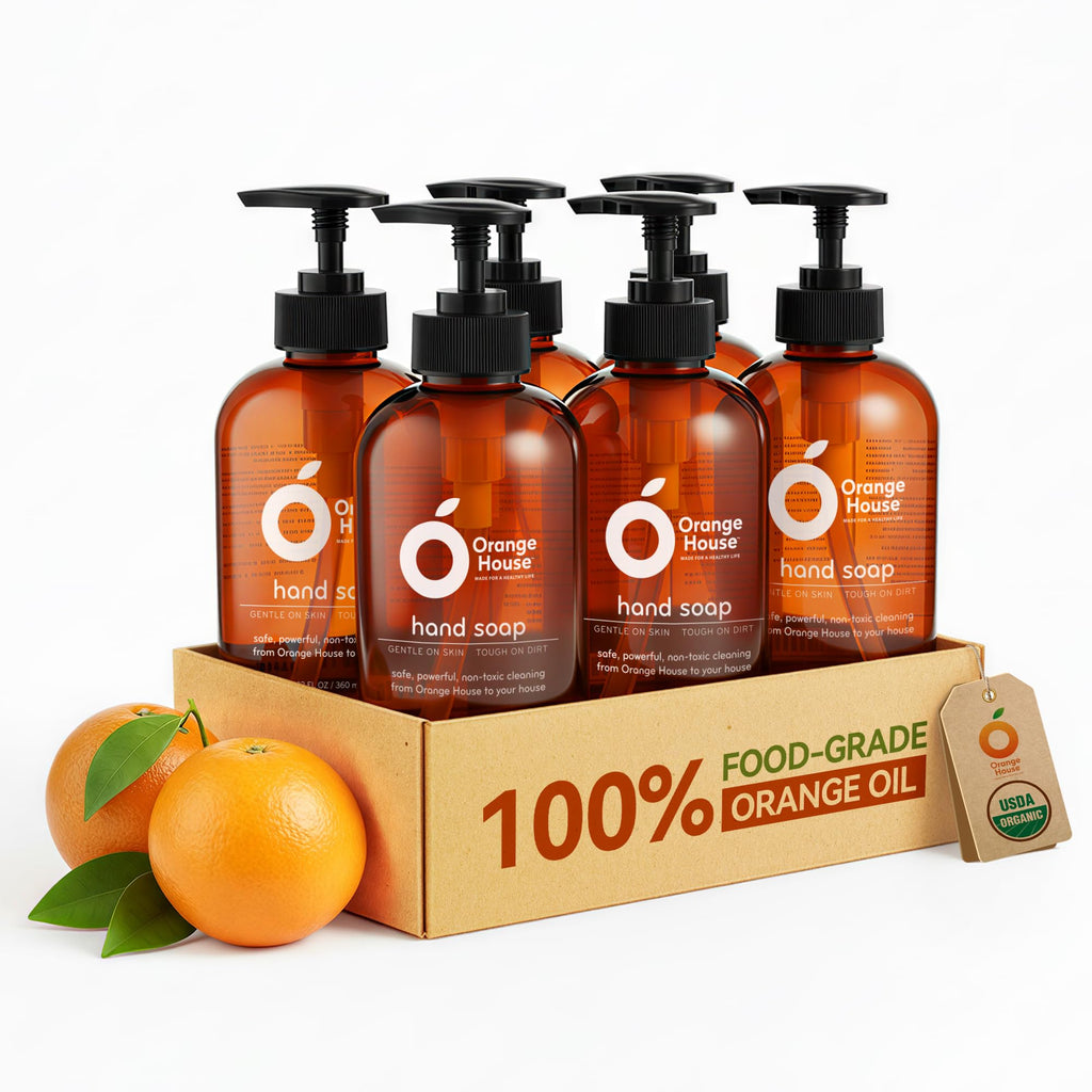 ORANGE HOUSE Natural Liquid Hand Soap, Food-Grade Orange Oil Moisturizing Hand Wash, Plant-Based & Hypoallergenic, Gentle on Skin, Non-Toxic Citrus Scented Soap, 12 Fl Oz (6 Pack)