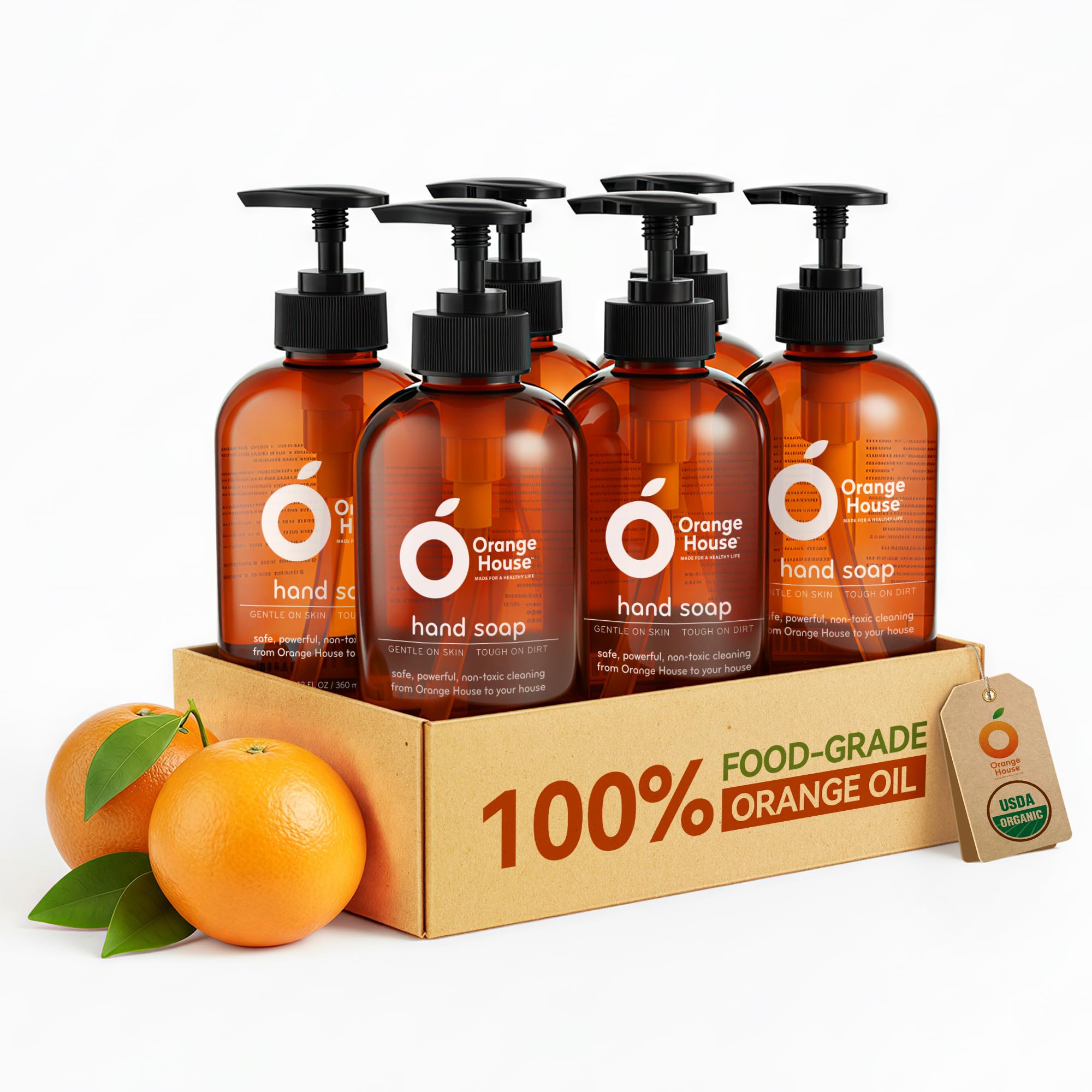 ORANGE HOUSE Natural Liquid Hand Soap, Food-Grade Orange Oil Moisturizing Hand Wash, Plant-Based & Hypoallergenic, Gentle on Skin, Non-Toxic Citrus Scented Soap, 12 Fl Oz (6 Pack)