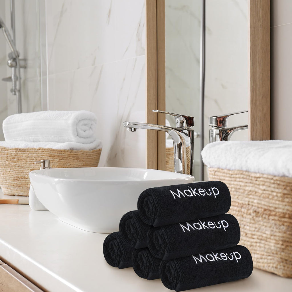 Shimeyao 13x13 Inch Black Makeup Towels Bulk Reusable Makeup Washcloths for Face Facial Remover Washcloths Absorbent Cotton Towel for Salon Spa Women Skin Care(6 Pcs,Cross Pattern)