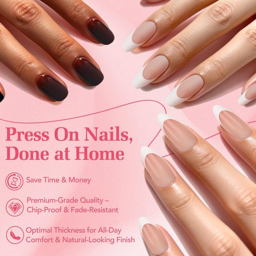 Skiennix Press on Nails,White French Tip Short Round Reusable Stick on Nails, 30 Soft Gel Fake Nails Kit in 15 Sizes for Women,Wedding Gift Be Elegant Classic French