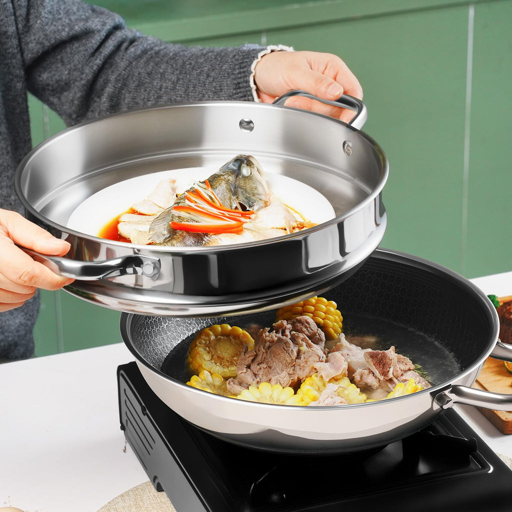 SLOTTET Hybrid 12-Inch Wok with Lid,Nonstick Stainless Steel Woks & Stir-fry pans,Stay-Cool Handle,PFOA Free Cookware,Dishwasher and Oven Safe,Compatible with All Cooktops