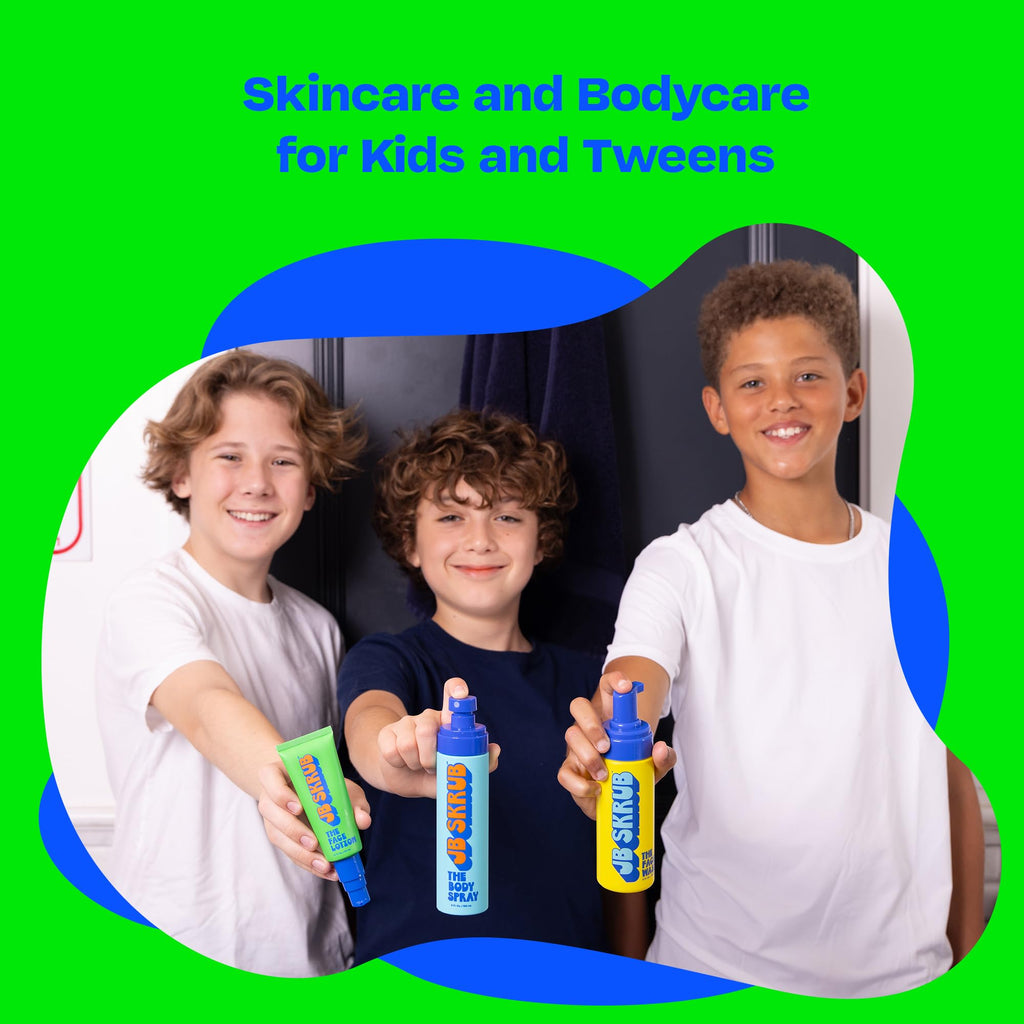 JB SKRUB The Ultimate Bundle - Complete Skin Care Set for Kids, Tweens, and Teens, Includes Body Wash, Body Spray, Acne Face Wash, Face Pads, and Face Lotion