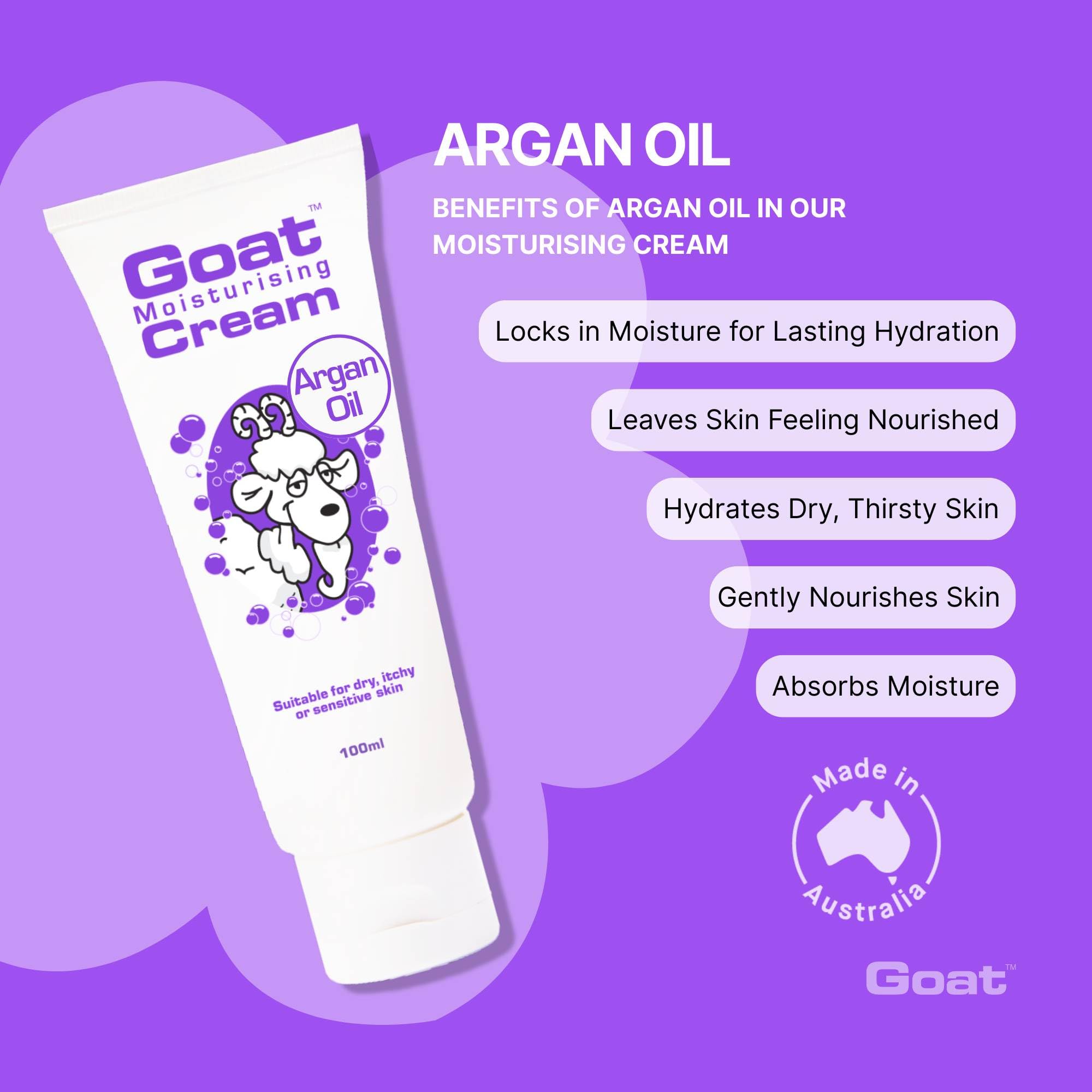 Goat Milk Moisturizing Cream with Argan Oil100ml, Suitable for dry itchy or sensitive skin, Made in Australia