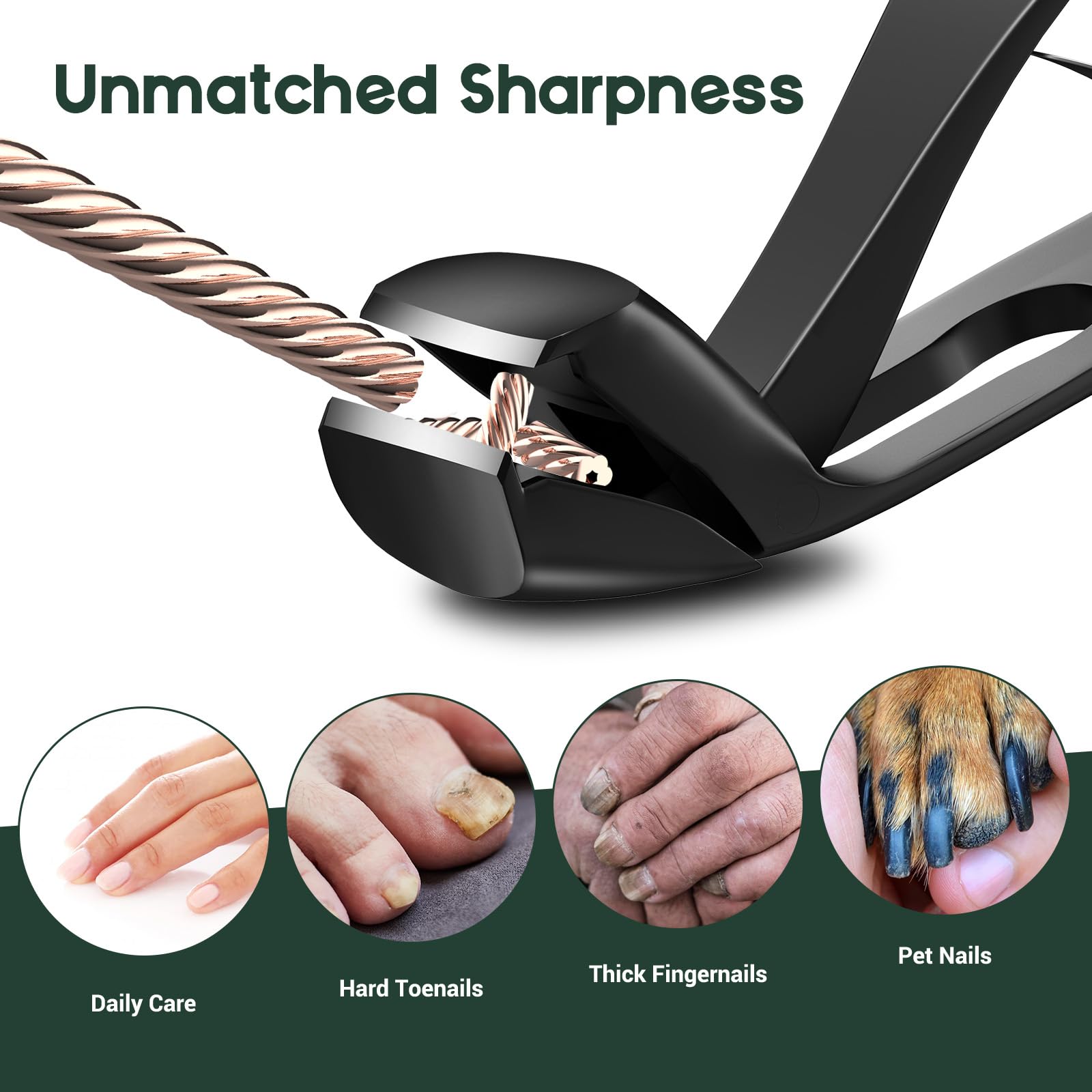 VANWIN Angled Head Nail Clippers for Seniors, Ergonomic Toenail Clippers for Thick Nails with Wide Jaw Opening, Premium Steel Nail Cutter Nail Clippers with Catcher for Men and Women Black