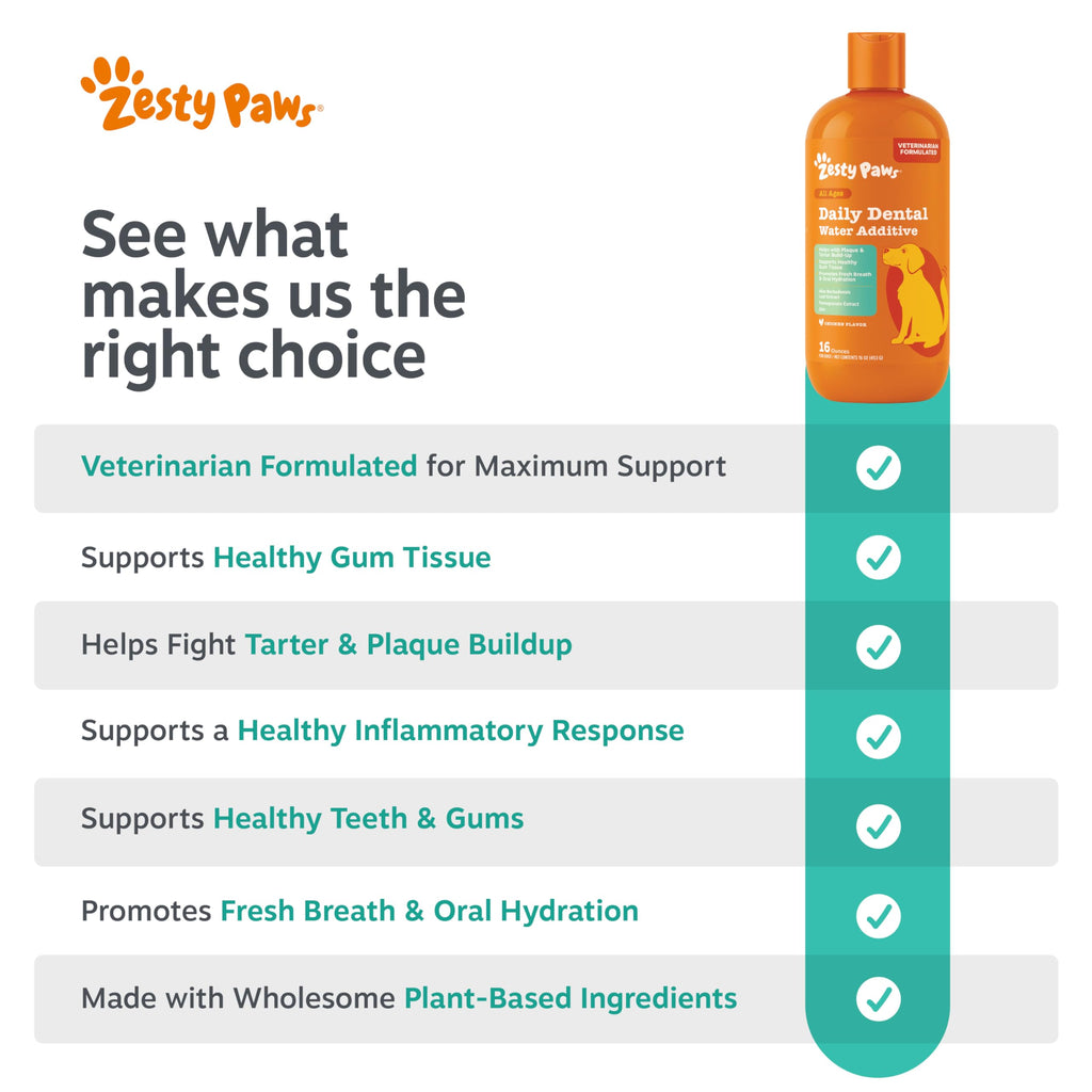 Zesty Paws Dog Dental Water Additive - Dog Breath Freshener + Oral Care - Plaque & Tartar Control - for Teeth & Gum Health - Pomegranate, Green Tea, Aloe & Zinc Extract