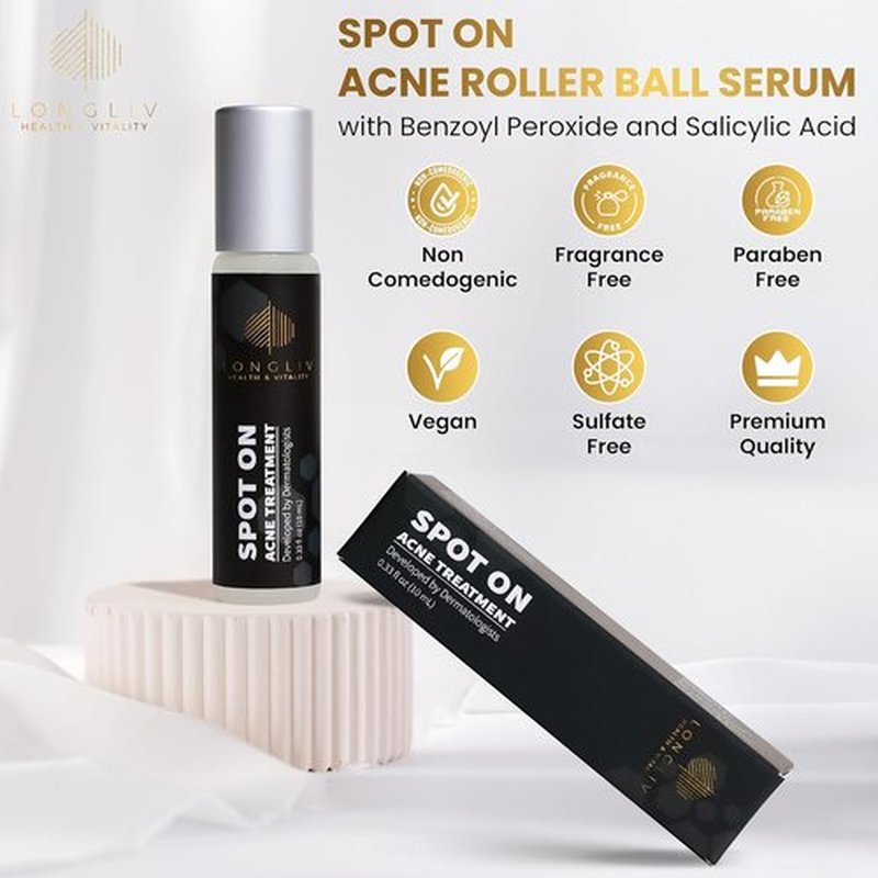 Spot On Acne Roller Ball Serum - Benzoyl Peroxide & Salicylic Acid Pimple Treatment - Convenient On-the-Go Solution