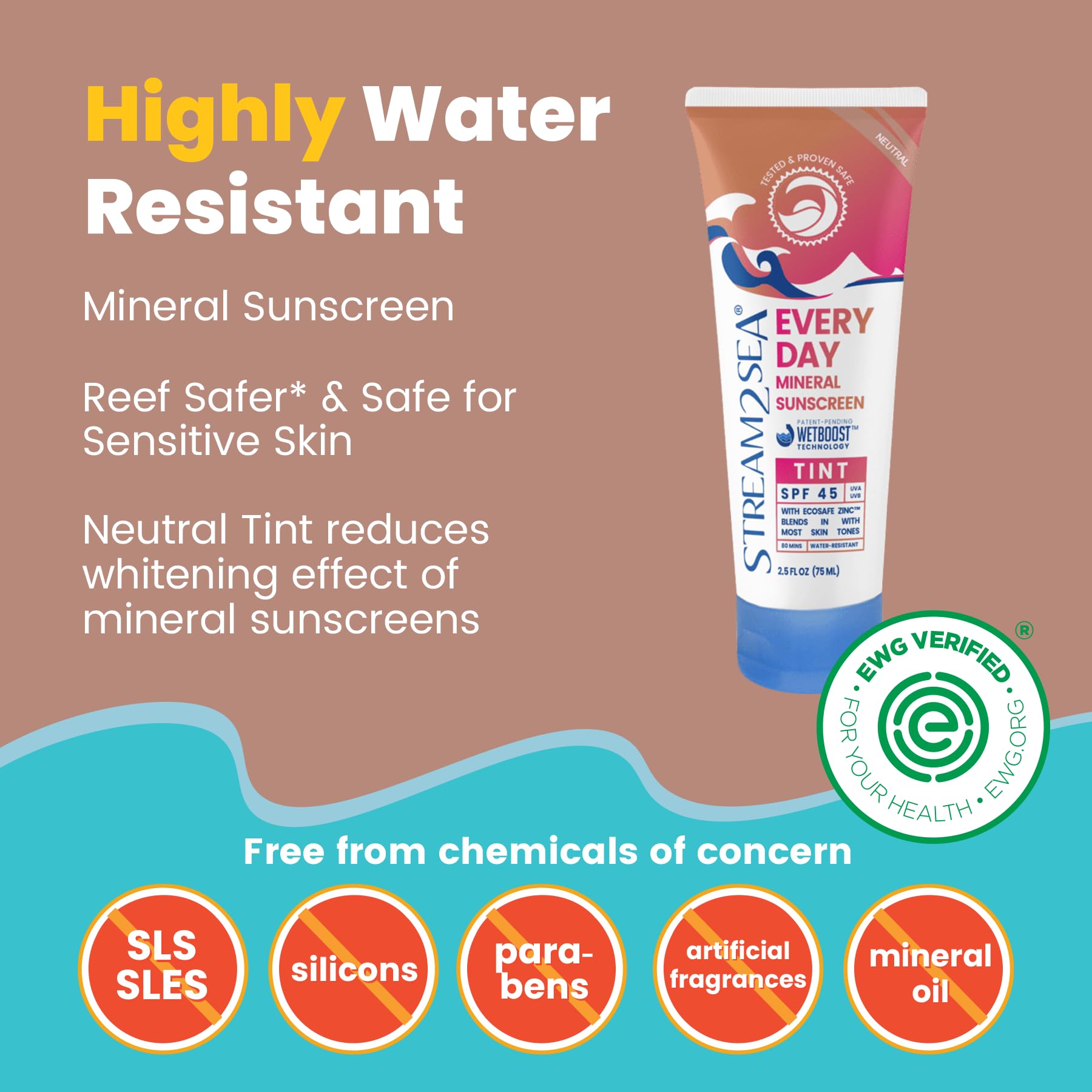 STREAM 2 SEA Every Day Tint Mineral Sunscreen SPF 45 Broad Spectrum — No White Cast | Reef Safe, Biodegradable, EWG Verified | Zinc Oxide Dewy Makeup Base, Water Resistant | Face & Body 2.5 Fl Oz