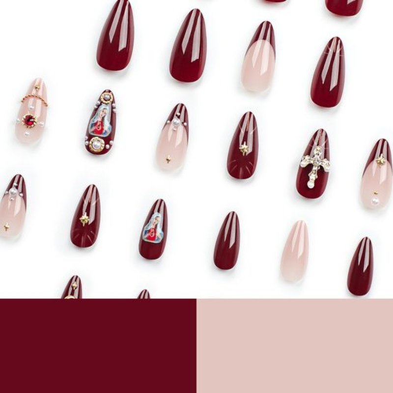 Almond French Tip Gold Glue Press On False Nails with Charms Cross 3D Gems Rhinestones Moon Design Red Acrylic Nails for Women Girls