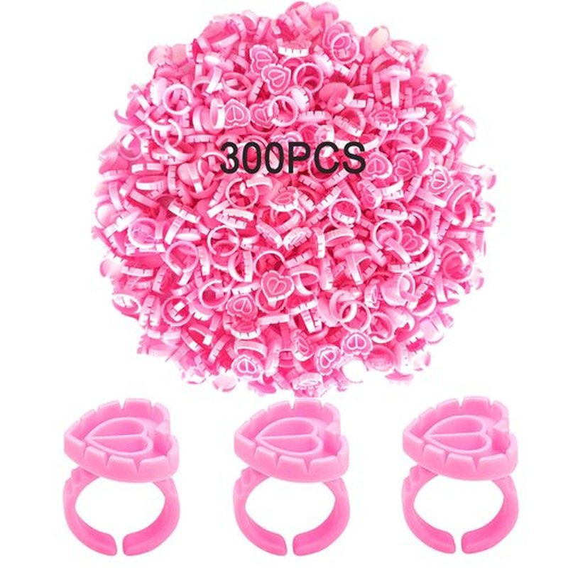 300PCS Disposable Glue Rings for Eyelash Extensions - Smart Holder Cups With Lovely Shape Lash Fan Blossom - Rose Red