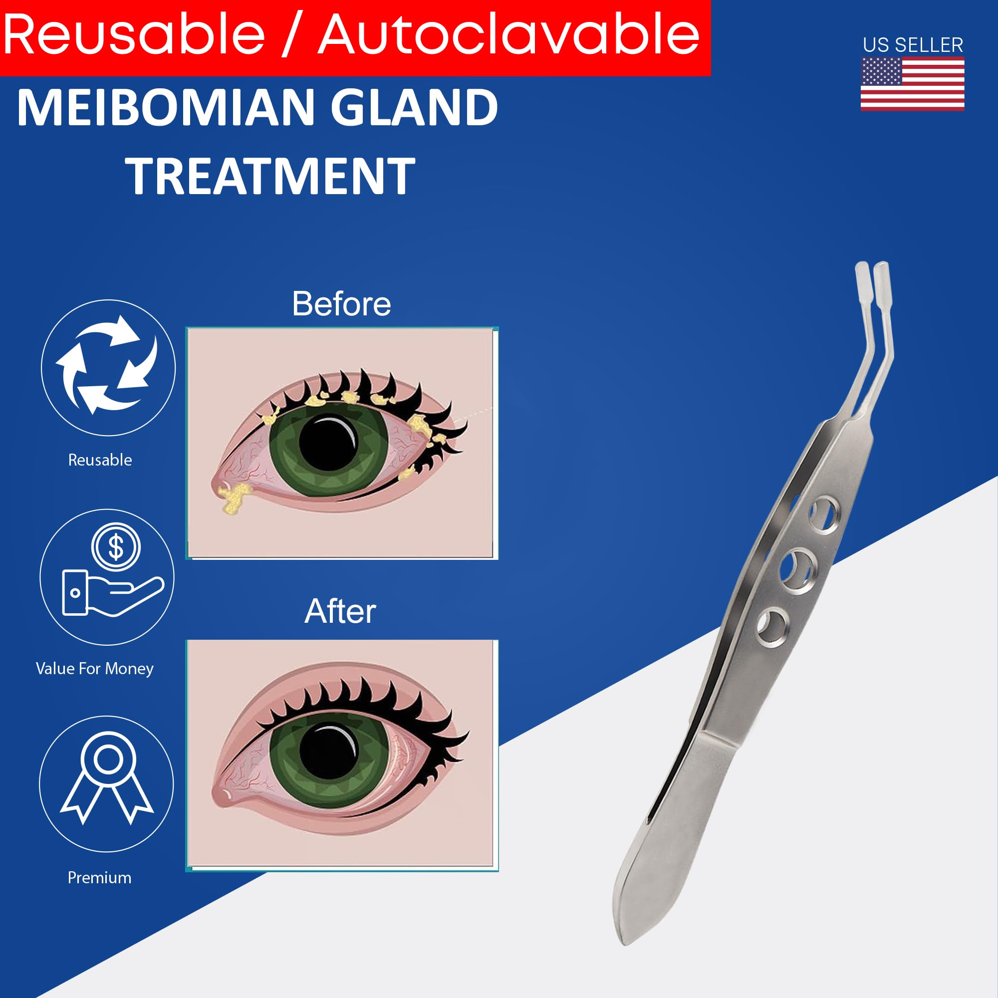 STELLMACHER Meibomian Gland Expressor Stainless Steel | Eyelid Massage Tweezers for Dry Eye Extraction | Chalazion Remover Eye Stye Treatment Cleaning Tool for Men & Women – Rectangle Tip