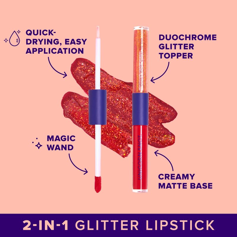 UNICORN SNOT Quiet Riot Glitter Lip Duo | 2-in-1 Set: Matte Lipstick & Plastic-Free Glitter | 0.15oz Red Lipstick & 0.16oz Gloss, Clash