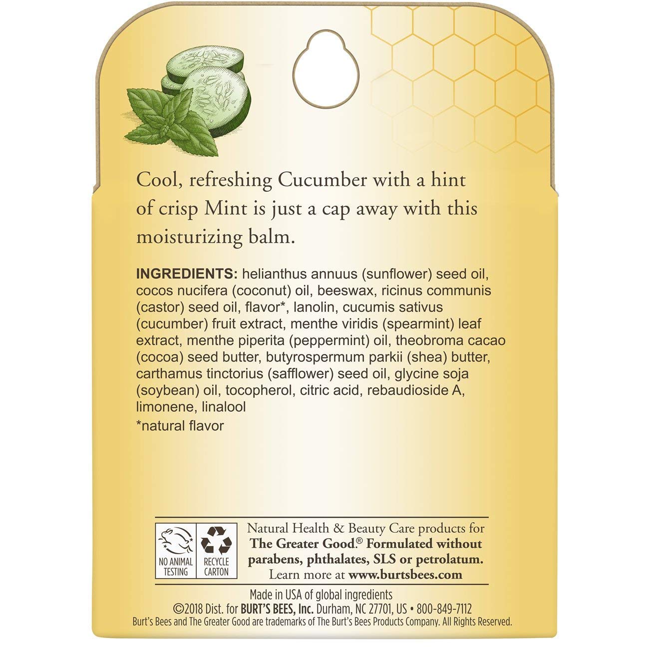 Burt's Bees 100% Natural Origin Moisturizing Lip Balm, Cucumber Mint with Beeswax, 4 Tubes