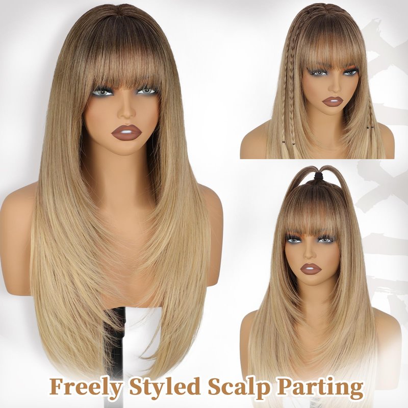 XIXIBI Blonde Wig with Bangs, 4x4 Realistic Scalp, Free Parting, Long Ombre Blonde Layered Wigs for Women, Realistic Natural Looking Heat Resistant Synthetic Wigs for Daily Party Cosplay Use 26Inch