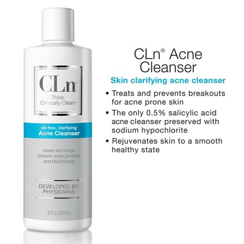 CLn® Acne Cleanser-The Only Cleanser with 0.5% Salicylic Acid Preserved with Sodium Hypochlorite for Clarifying Skin from Blackheads & Breakouts, Oil-Free & Fragrance-Free, 8 fl oz