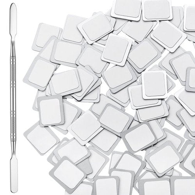Sumind 101 Pack Metal Stickers for Eyeshadow Palette Set, Includes 1 Makeup Depotting Tool, Adhesive Empty Metal Makeup Colorful Palette Stickers(100 Pcs Square)
