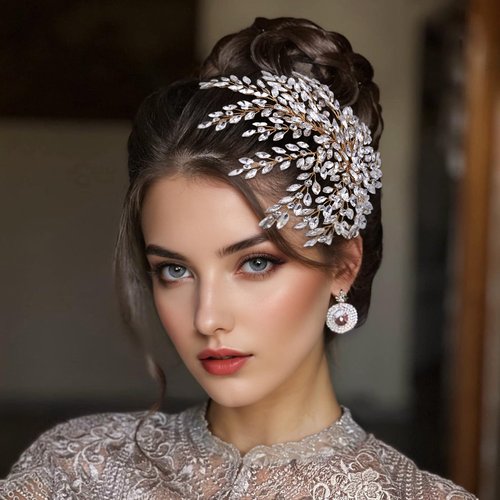 HONGMEI Bridal Rhinestone Headpiece for Wedding，Leaf Crystal Hair Pieces Bride Side Headpieces Wedding Hair Accessories for Women(Gold)