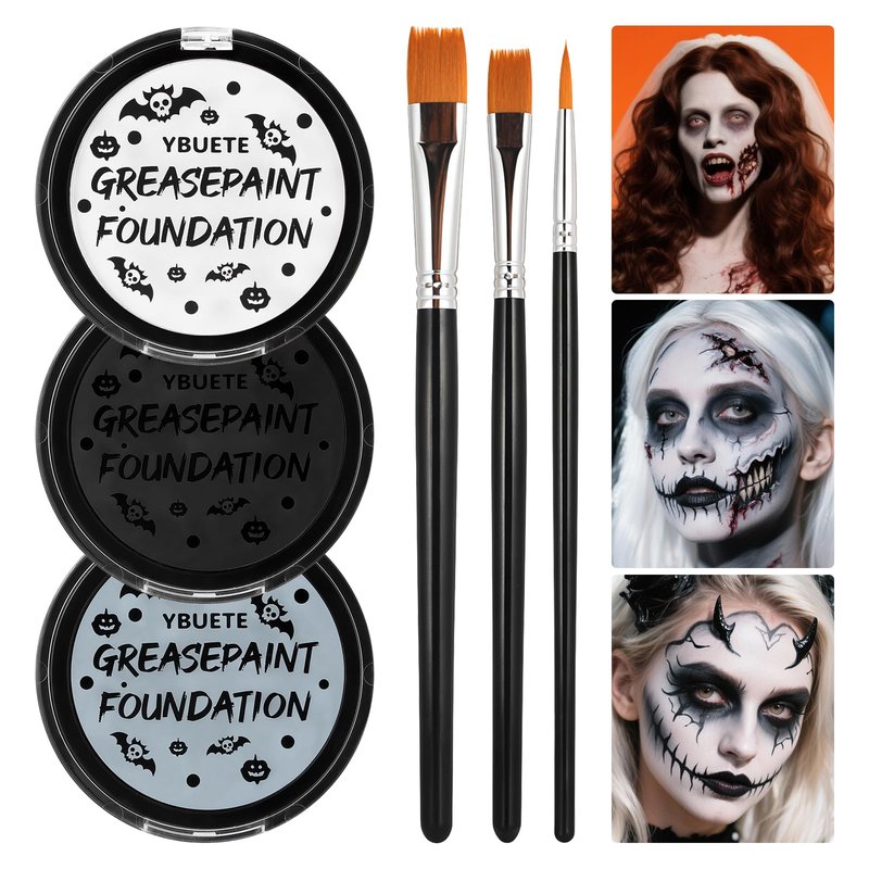 YBUETE Black White Grey Oil Based Face Paint Kit with Painting Brushes, Professional Full Coverage Greasepaint Halloween Face Painting Kit for Adult Cosplay Skeleton Monster Carnival Makeup