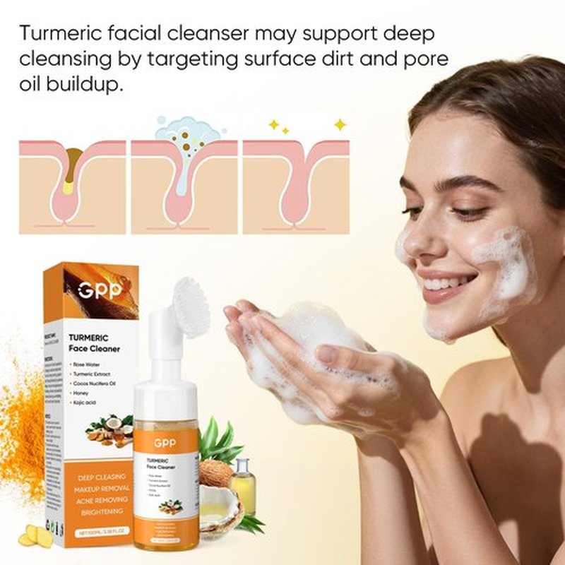 4Pcs Turmeric Soap & Turmeric Face Wash with Brush Skin Care Set, Lemon Turmeric Soap for Face & Body, Daily Facail Cleanser for All Skin Types, Deep Cleansing Turmerics Wash and Care Set