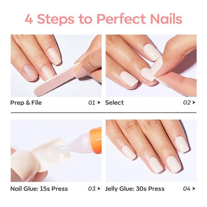 Modelones Extra Short Press on Nails, Semi-Transparent Squoval Fake Nails, Reusable Nail Kit with Nail Glue Adhesive Tabs Mini Nail File, Valentines Nails Press Ons 32Pcs 16 Sizes, Soft Pink