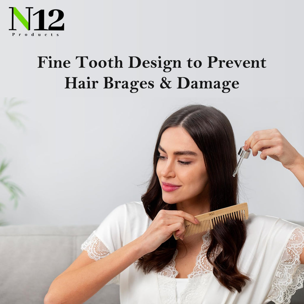 N12 Set of 3 Handmade Natural Bamboo Wooden Comb with Fine Wide Tooth, 17.5 cm - Eco-Friendly Anti-Frizz Detangler for Straight, Wavy, Curly Hair of Women, Men, Wood Birth Comb for Labour Pain