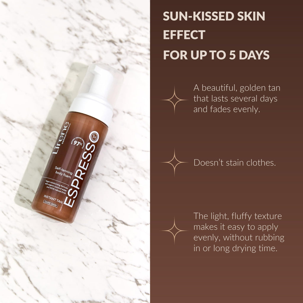 Lirene Perfect Tan Bronzing Body Foam Espresso, Intense Golden Self-Tan for Medium to Dark Skin, Quick 1-Hour Effect – Streak-Free Fake Tan - 150ml