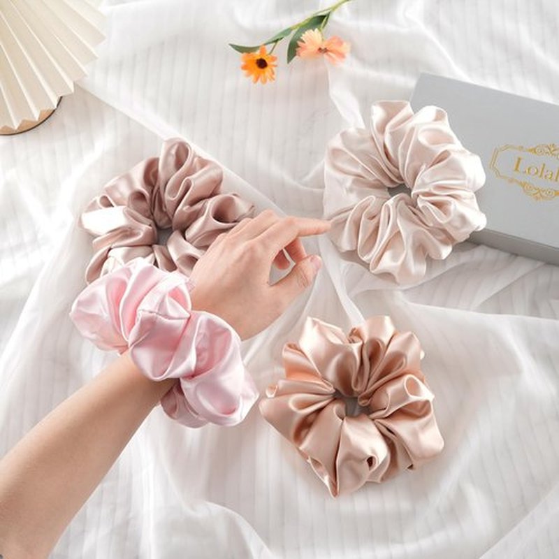 Lolalet Big Satin Scrunchies for Women, 5.9 Inch Large Oversized Scrunchie, Soft Jumbo/Giant Scrunchies Hair Ties for Thick & Curly Hair -4 Pack, Light Caramel/Champagne/Pink/Khaki