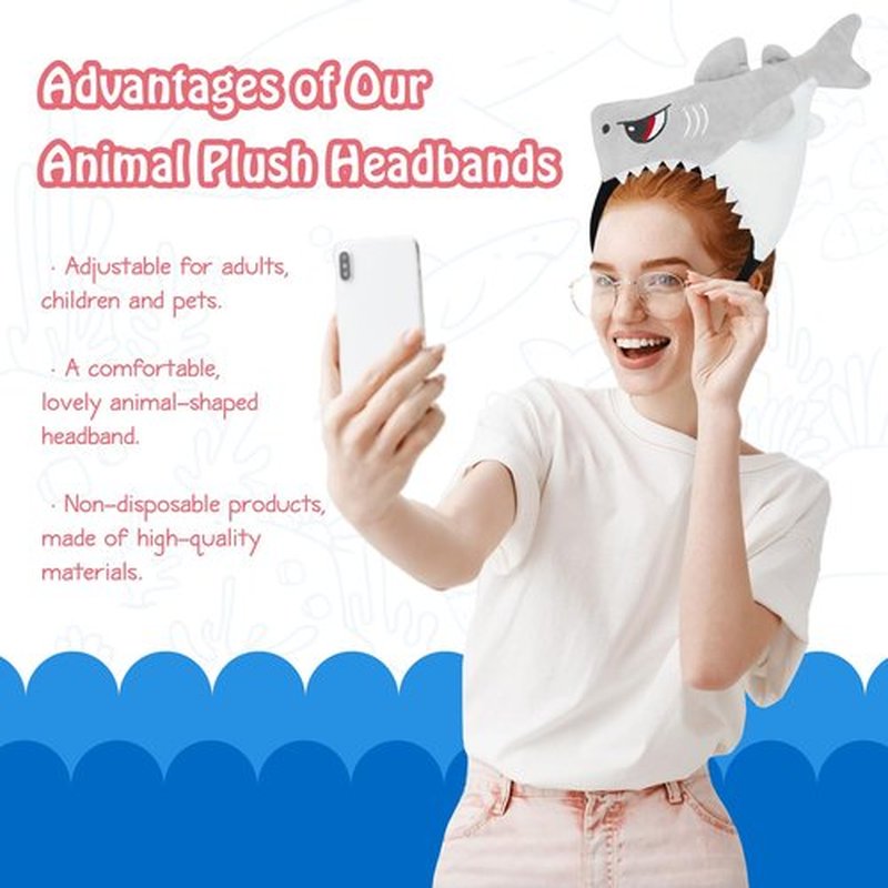 KHC-KHF Shark-Headband Funny-Hat Halloween Shark Funny Hairband Plush Headband Ocean Animal Costume Accessories Adult Kid Woman Man