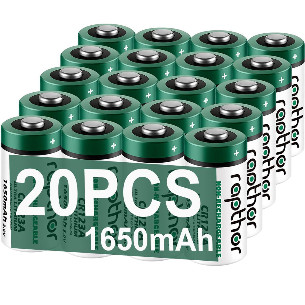 rapthor CR123A Lithium Batteries 1650mAh High Power UL Certified 3V Non-Rechargeable Battery with Built-in PTC for Flashlight Toys Alarm System Microphones (Not for Arlo) (20)