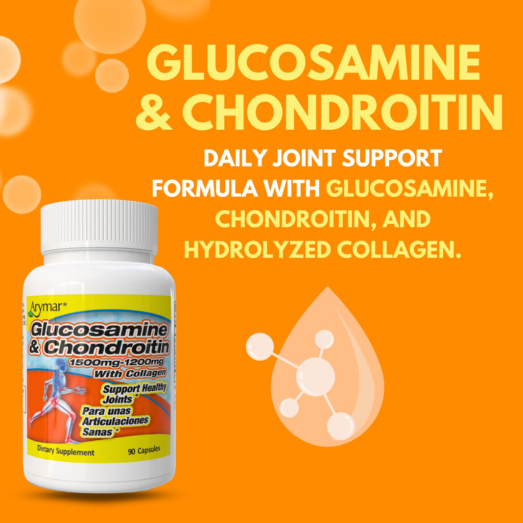 Arymar Glucosamine 1500 mg and Chondroitin 1200 mg with Collagen – Joint Health Supplement – 90 Capsules