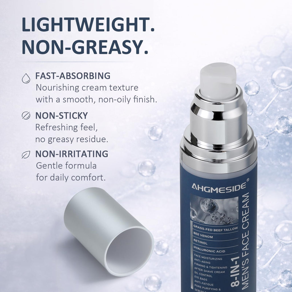Ahgmeside 8-in-1 Face Cream for Men,Anti-Aging Daily Moisturizer with Hyaluronic Acid & Shea Butter,Helps Smooth Wrinkles & Reduce Puffiness, Lightweight Men's Formula, 1.7 oz