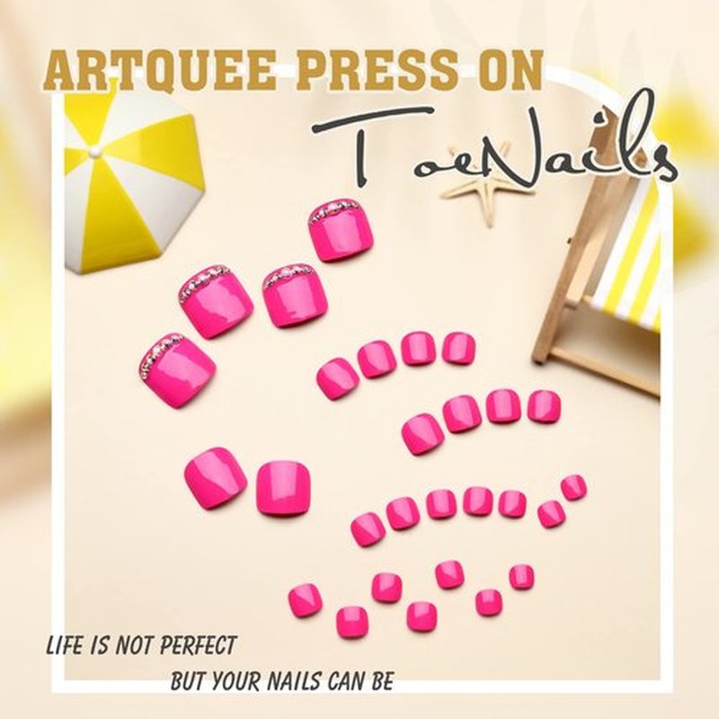 Artquee 28pcs Hot Pink Short Press on Toenails Glossy Square Fake Toe Nails Art Rhinestones Design Beach False Toes Nail Kit Tips Cute Artificial Toenail for Women in 14 Sizes