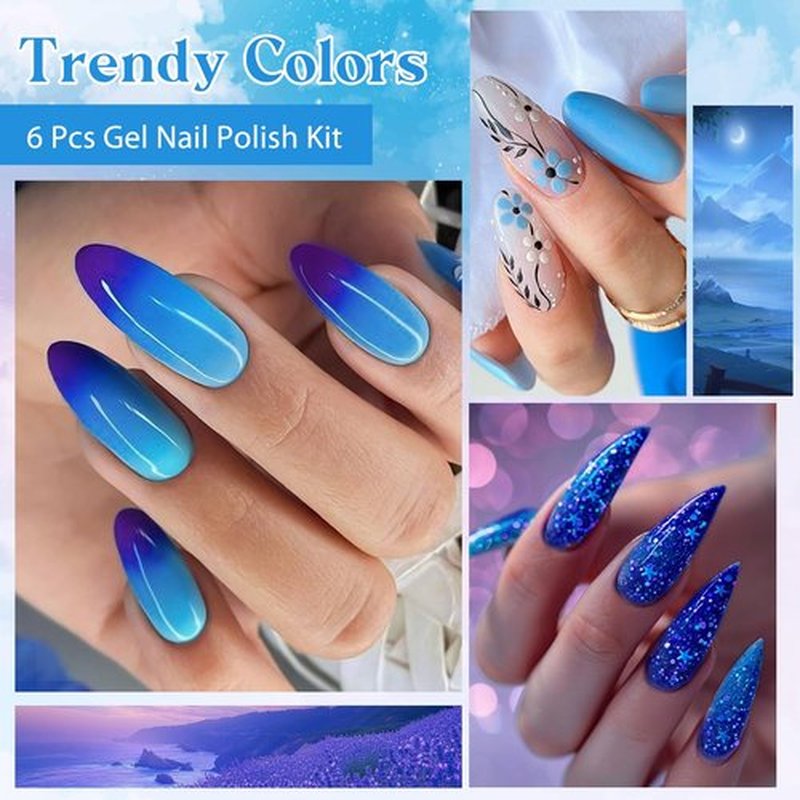 MEET ACROSS Vibrant Blue Glitter Gel Nail Polish Set, Long-Lasting Thermal Gel Polish, Soak Off UV LED Gel Polish for Salon-Quality Nail Art and DIY at Home - Easy to Apply and Remove