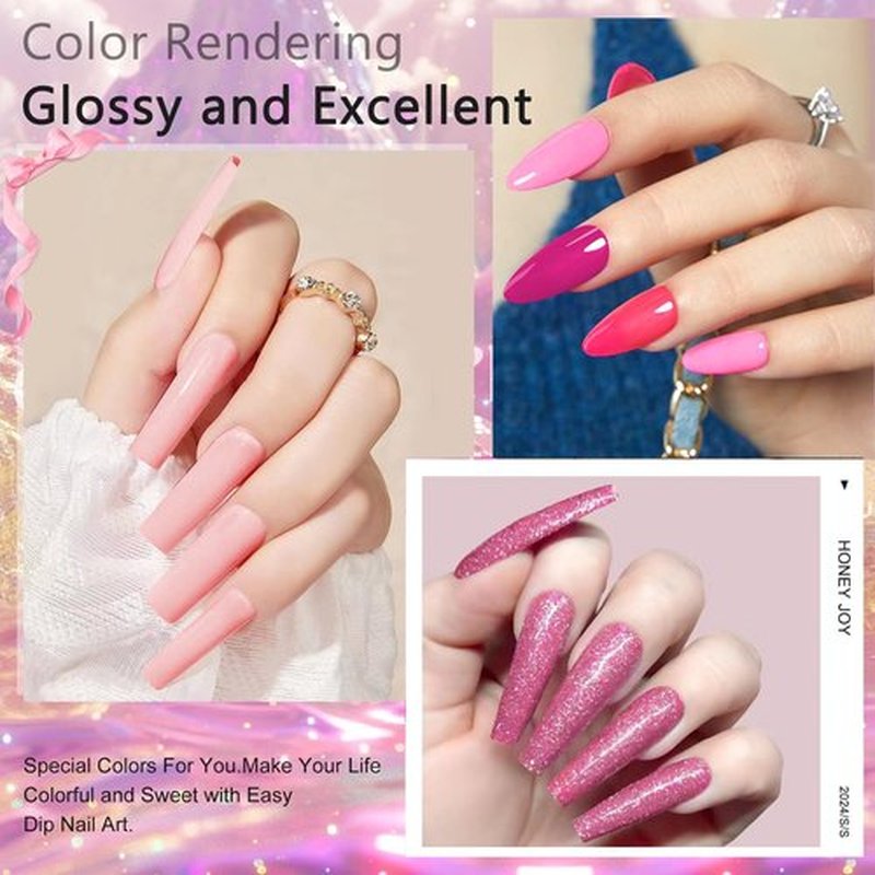 Honey Joy Color Changing Dip Powder Set,6 Colors Glitter Pink Dipping Powder Set Nail Art Manicure DIY Salon Home Gifts for Women, No Need Nail Lamp Cured, DP-V