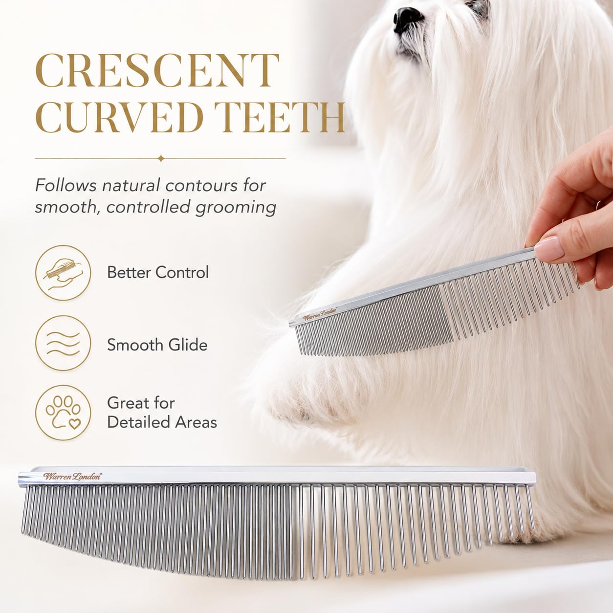 Warren London Copper Crescent Comb 6.5 Inch – Professional Dog Grooming Detail Comb with Curved Teeth – For Face, Legs, Tail, Ears, Paws, Mats, Tangles & Finishing – For Groomers & Pet Owners