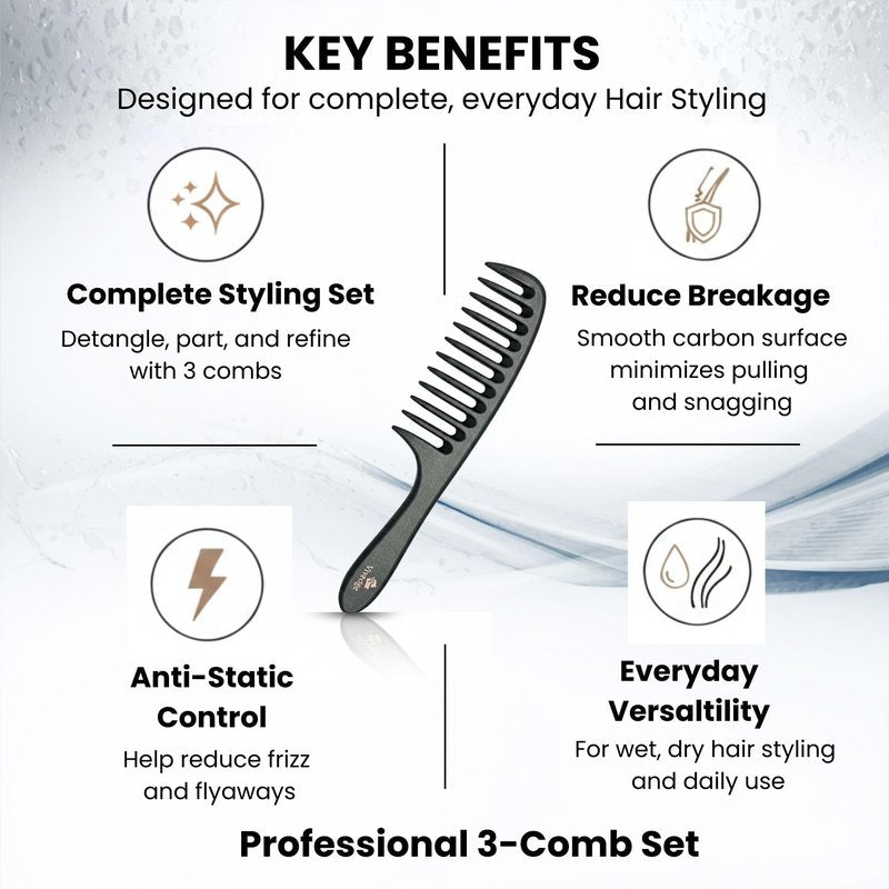 Vivedge Carbon Fiber Hair Comb Set for Curly Hair Woman|Wide Tooth Comb, Parting, Fine Tooth for Detangling, Styling for Natural Fine Straight to Curly, Thick, Wet or Dry Hair (Black-Pink)