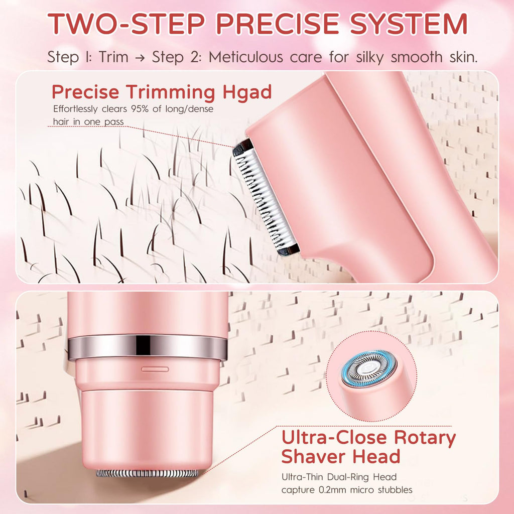 2-in-1 Electric Bikini Trimmer for Women, Dual Head Women’s Shaver & Razor, IPX7 Waterproof Cordless Hair Removal, Rechargeable Ceramic Blade Kit for Face Pubic Legs Underarm, Pink