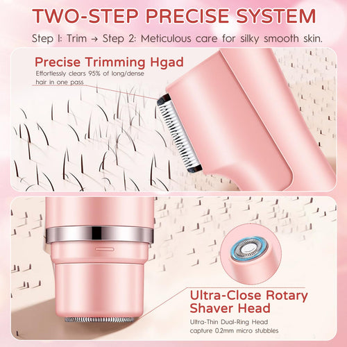 2-in-1 Electric Bikini Trimmer for Women, Dual Head Women’s Shaver & Razor, IPX7 Waterproof Cordless Hair Removal, Rechargeable Ceramic Blade Kit for Face Pubic Legs Underarm, Pink
