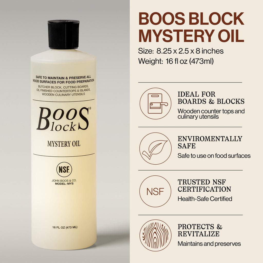 John Boos 2-Piece Care Set, 16 oz Mystery Oil & Round Beechwood Applicator - All-Natural Maintenance Formula for Butcher Blocks, Cutting Boards, Wooden Countertops & Wood Utensils
