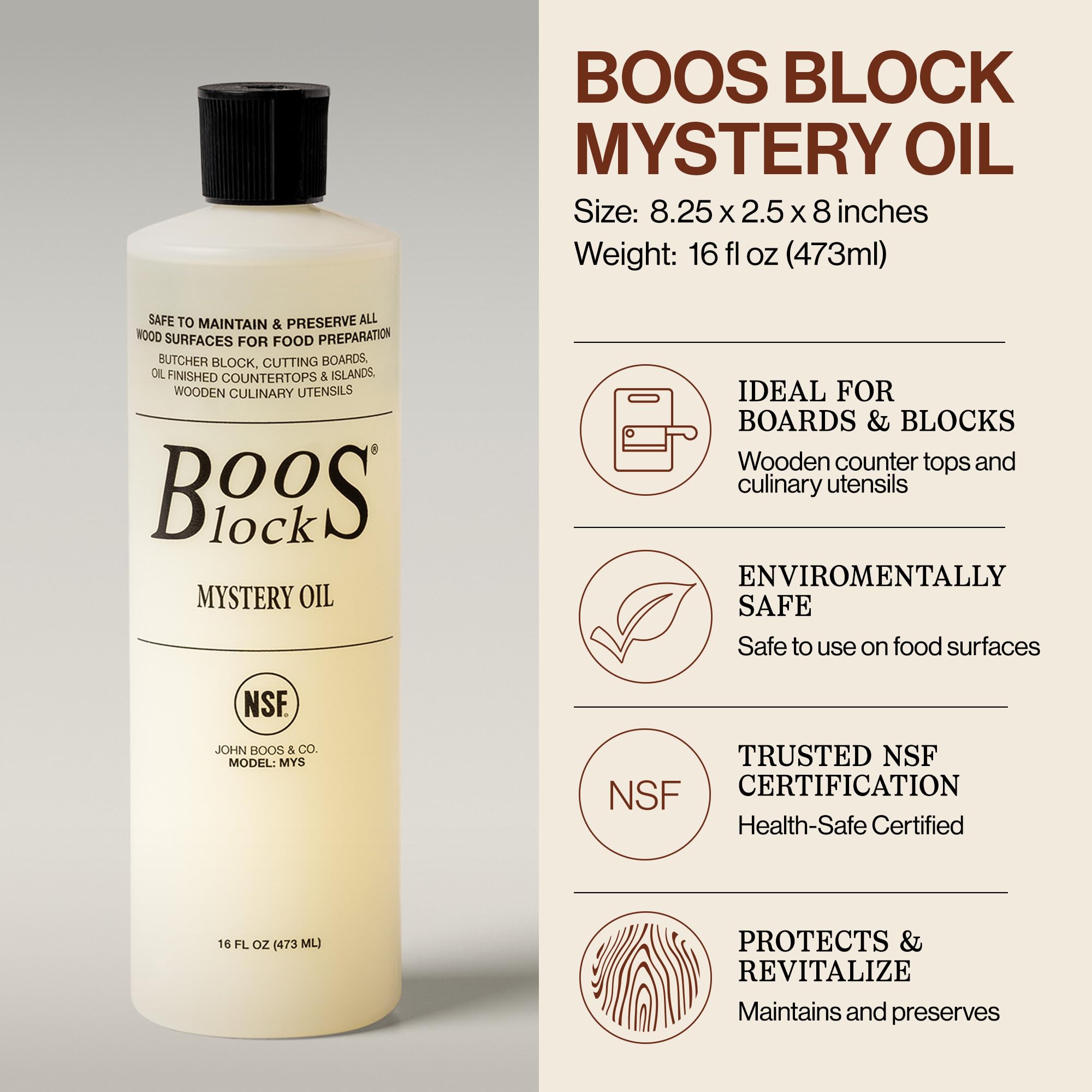 John Boos 2-Piece Care Set, 16 oz Mystery Oil & Round Beechwood Applicator - All-Natural Maintenance Formula for Butcher Blocks, Cutting Boards, Wooden Countertops & Wood Utensils