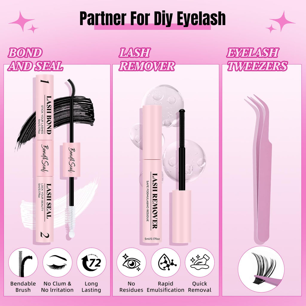 WLFRHD Lash Clusters Kit 320 Pcs D Curl DIY Natural Wispy Lashes Eyelashes Clusters Eyelash Extension Kit with Eyelash Bond and Seal, Remover & Tweezers (30D+40D, Mix9-16mm Kit)