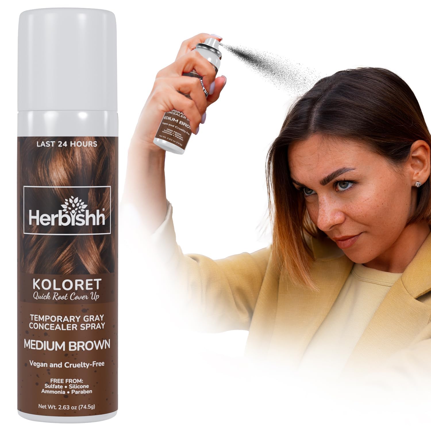 Herbishh Koloret Quick Root Touch Up Hair Color Spray Medium Brown (74.5g), Instant Gray & Medium Brown Root Cover Up, Temporary Hair Color Spray, Lightweight Non-Sticky Dye Mist, Travel Aerosol