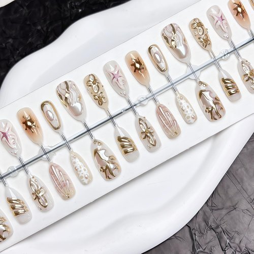 30Pcs French Tip Press on Nails Long Almond Fake Nails with Beach Starfish Shell Ocean Jellyfish Flower Embossed Pattern Rhinestones Nails Design Full Cover Cute False Nail Stick on Nail for Women