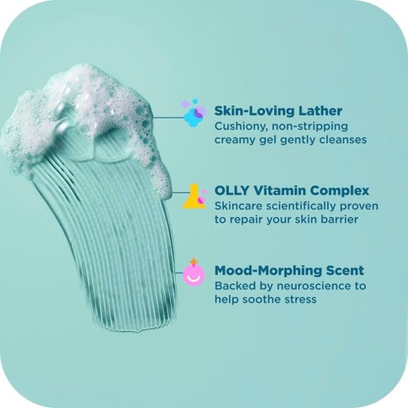 OLLY Calm Body Wash with Hyaluronic Acid, Adaptogens & Vitamin B3– Nourishing Cleanser for Skin Barrier Repair, Deep Hydration, Eucalyptus Amber Scent, 17oz