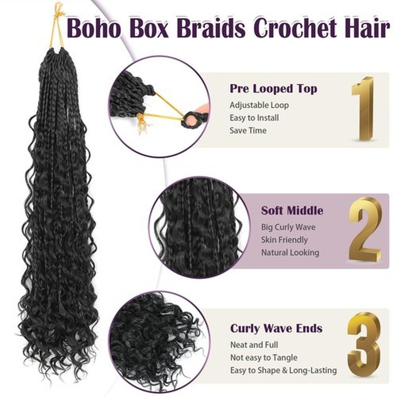 QQPIKHU 10 Packs Boho Crochet Braids Mix Protein Fiber 24 Inch Goddess Box Braids Crochet Hair Pre Looped Bohemian Box Braid with Curly Ends for Women Hair Extensions 1B