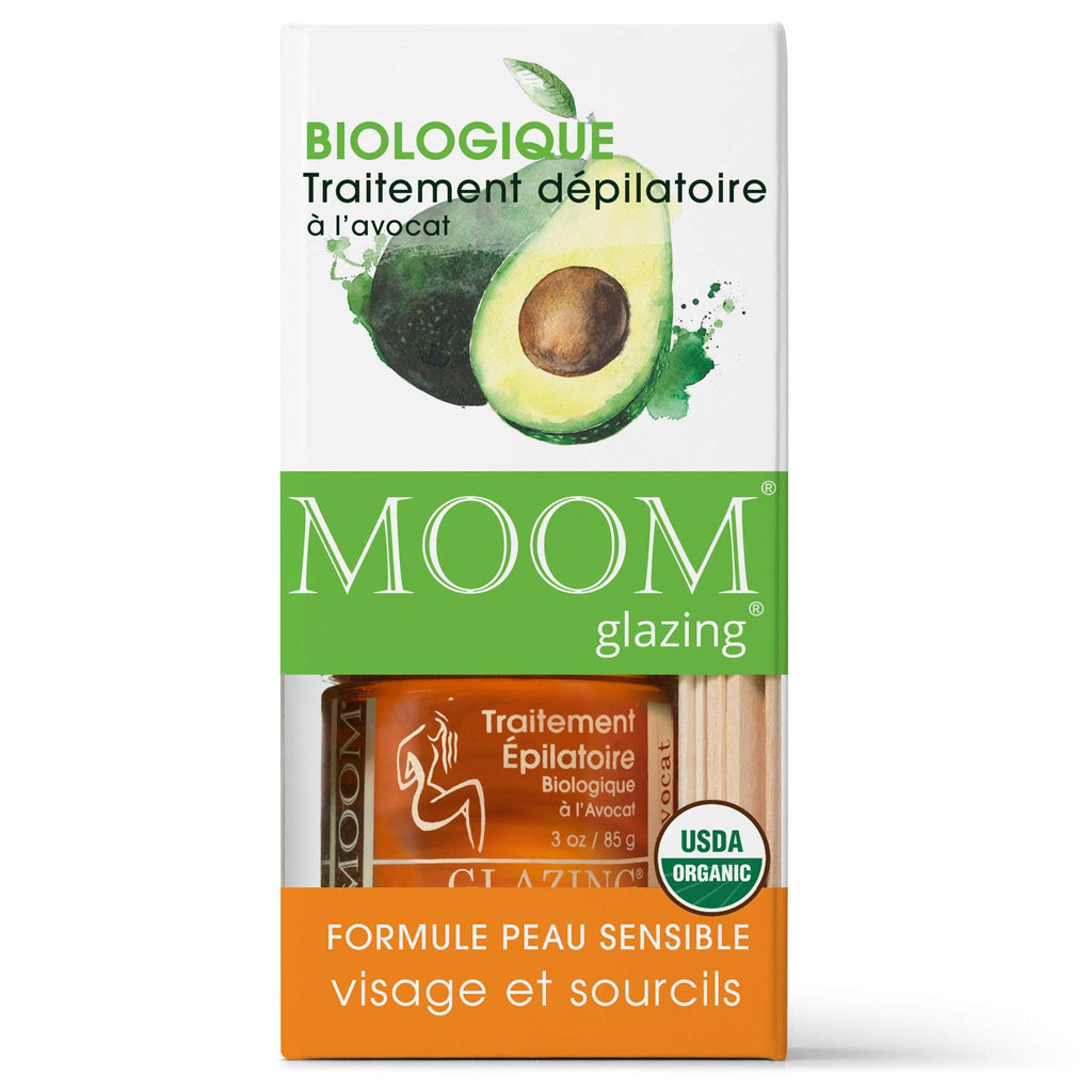 MOOM Organic Hair Removal Kit - Avocado Oil, Agar Agar & Green Tea Glaze, 18 Reusable Strips, 6 Application Sticks, 3 oz. Jar