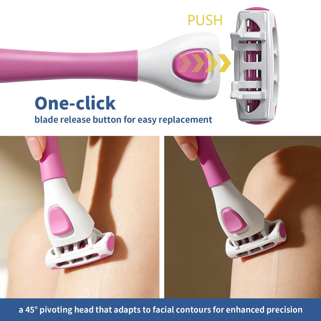 FYNEDGE Women's Safety Razor with 8 Replacement Blade Refills- 4 Blade Razors for Women, 2 Pink Handle Rubber Grip, 45° Pivoting Head, Lubricating Strip & Cleaning Brush for Smooth Shaving