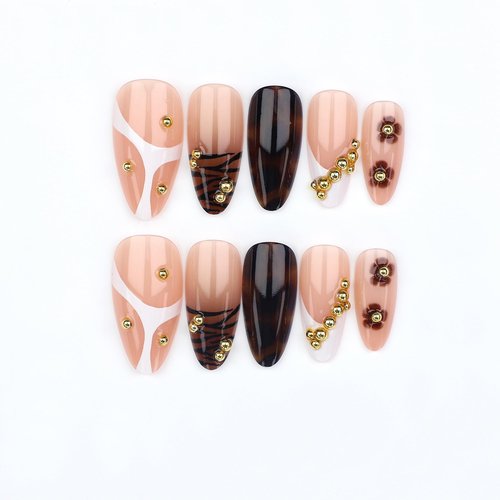 SEENEEY Almond Press on Nails Medium Fake Nails Brown Artificial Nail Gold Charm and Leopard Designs Stick on Nail for Women 24pcs