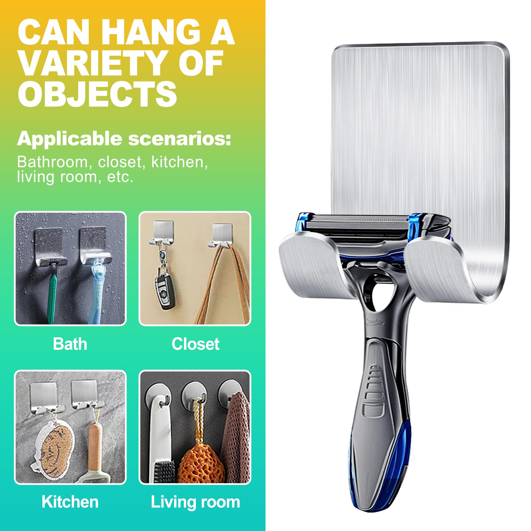 KornaDoz 4 Pack Razor Holder for Shower Wall, Adhesive Shower Razor Holder & Hooks, Waterproof 304 Stainless Steel Shaver Hanger for Bathroom & Kitchen Organization